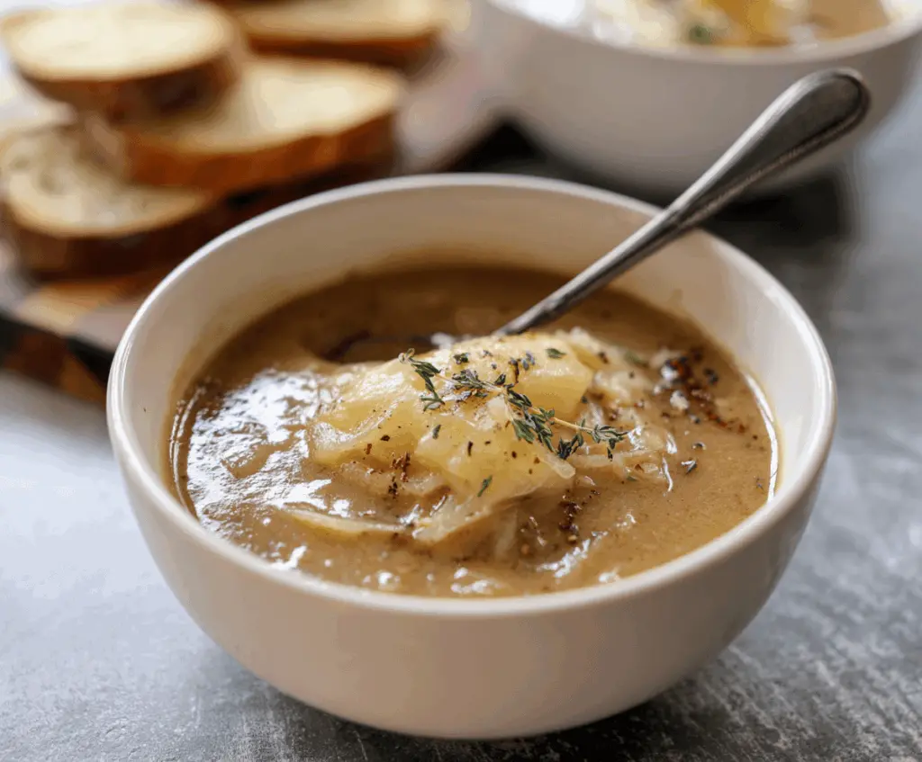 Creamy French Onion Chowder garnished with melted cheese and fresh herbs in a bowl, served with crusty bread, perfect for a comforting meal.