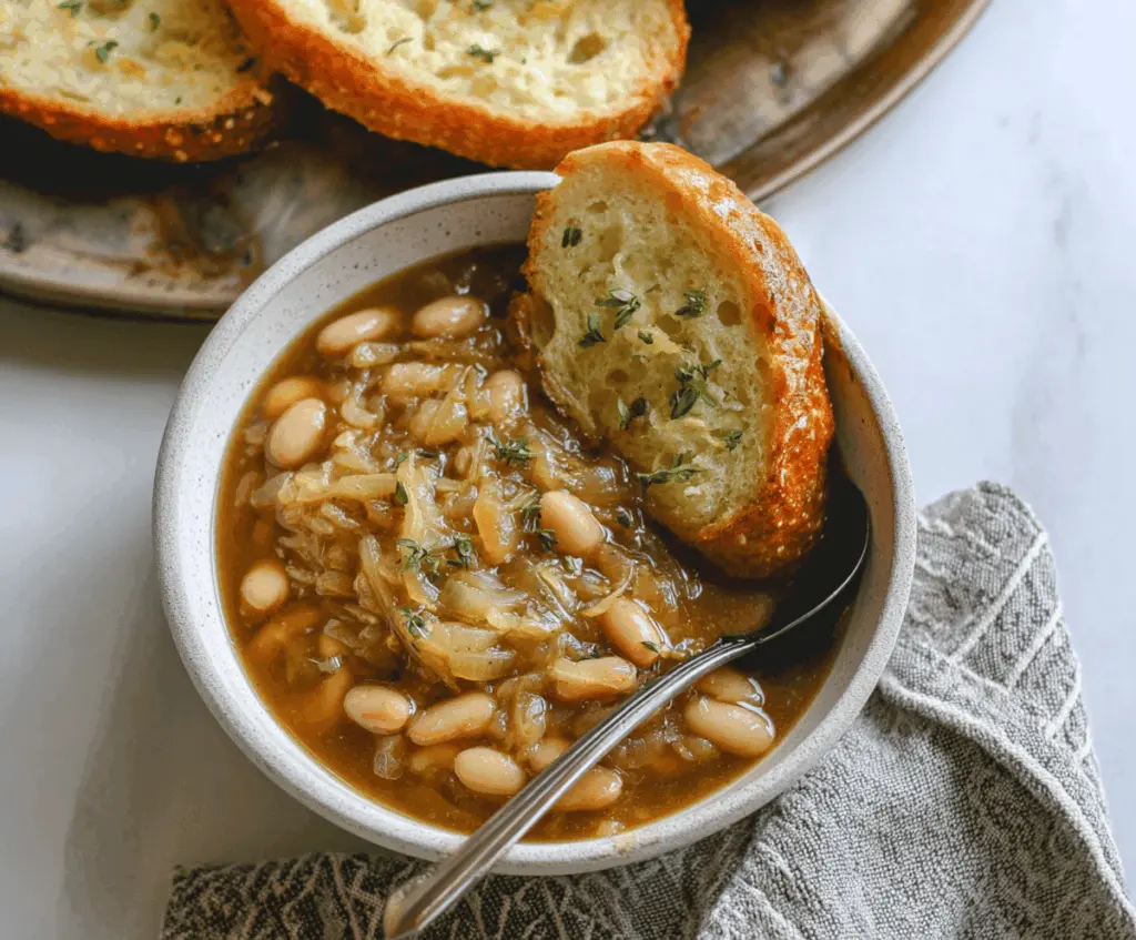 Creamy French Onion White Beans garnished with melted cheese and caramelized onions, served in a rustic bowl for a comforting vegetarian dish.