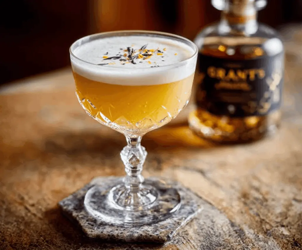 Refreshing Grant’s Smoky Maple Sour cocktail garnished with a cherry and citrus slice.