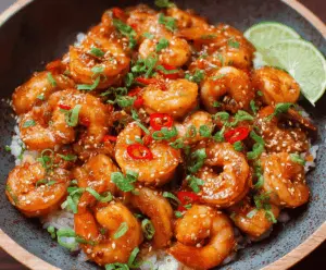 Delicious hot honey shrimp dish garnished with fresh herbs on a plate