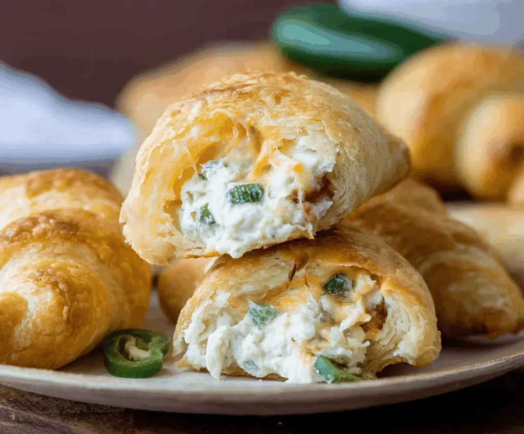 Golden-brown Jalapeno Popper Crescent Rolls filled with spicy jalapenos, cream cheese, and crispy crescent dough, perfect for appetizer or snack.