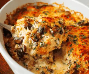 Keto garlic mushroom chicken casserole with creamy sauce, cooked chicken breasts, sautéed mushrooms, and fresh herbs in a baking dish