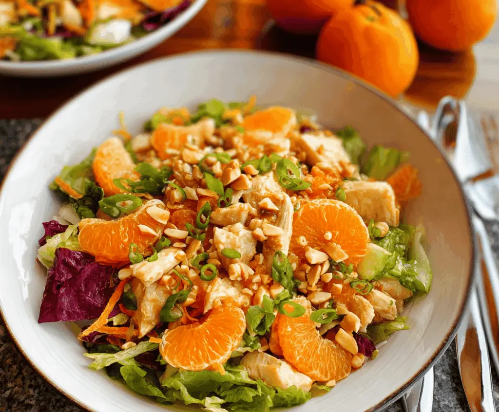 Colorful Mandarin Orange Chicken Salad featuring fresh greens, sliced chicken, mandarin oranges, and crunchy nuts on a white plate.