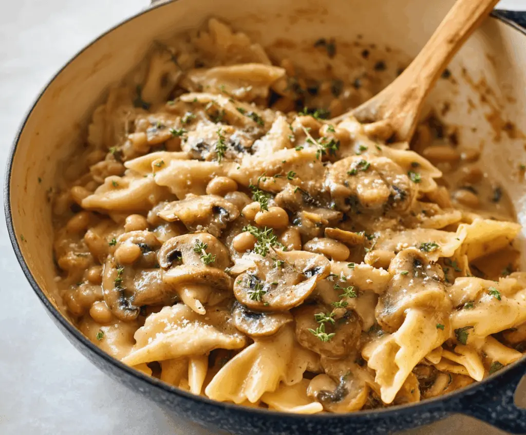 Creamy One-Pot Mushroom and White Bean Pasta served in a bowl with fresh herbs, showcasing a delicious vegetarian meal option