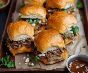 Delicious pulled beef and cheddar sliders served on soft buns, perfect for a flavorful appetizer or party snack.