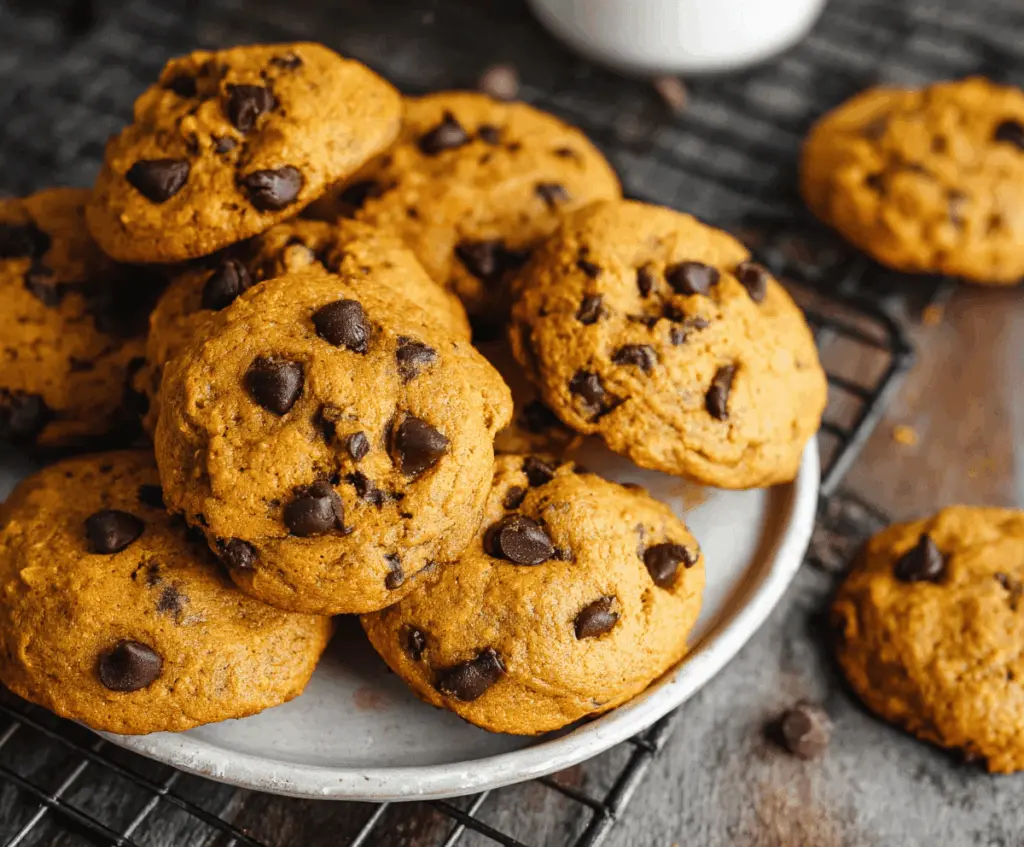 Delicious homemade pumpkin chocolate chip cookies on a baking tray, perfect for fall treats and seasonal desserts