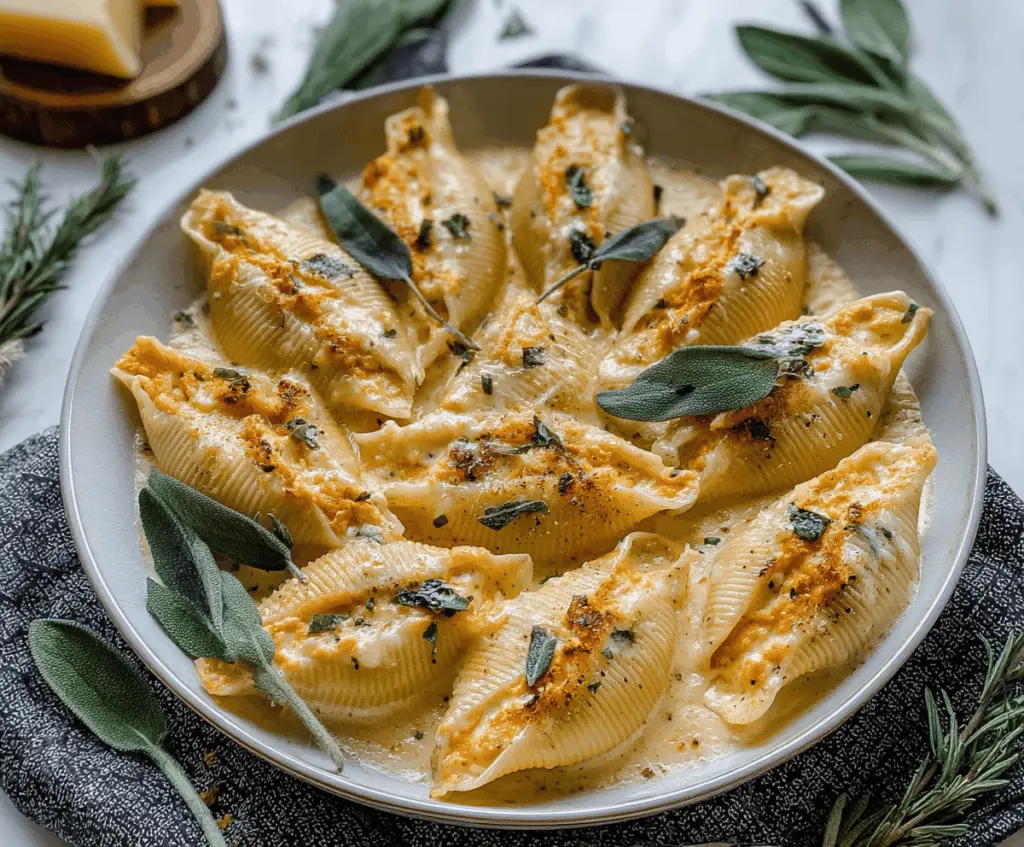 Creamy pumpkin and Gouda stuffed pasta shells topped with brown butter and sage Alfredo sauce, garnished with fresh herbs for a flavorful, comforting dish.