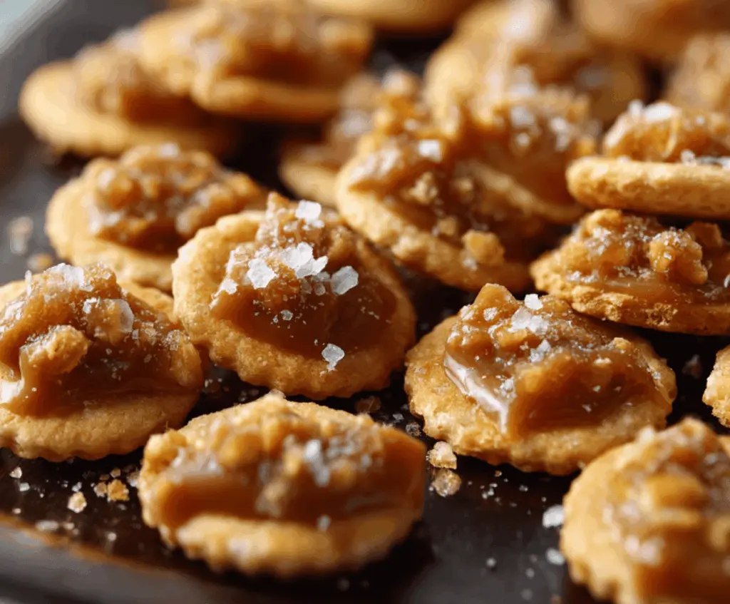 Delicious Salted Caramel Cracker Bites topped with sea salt on a rustic plate.