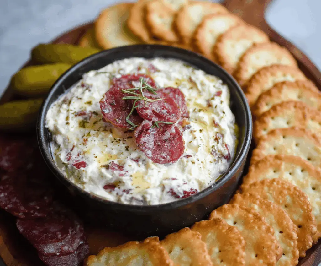 Creamy stuffed salami dip garnished with herbs and served with crackers, perfect for appetizers and parties.