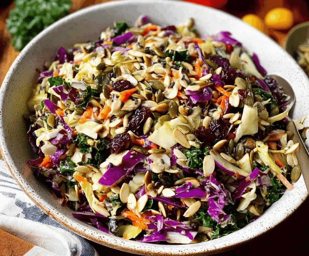 Vibrant sunflower crunch kale and cabbage salad with fresh vegetables and seeds