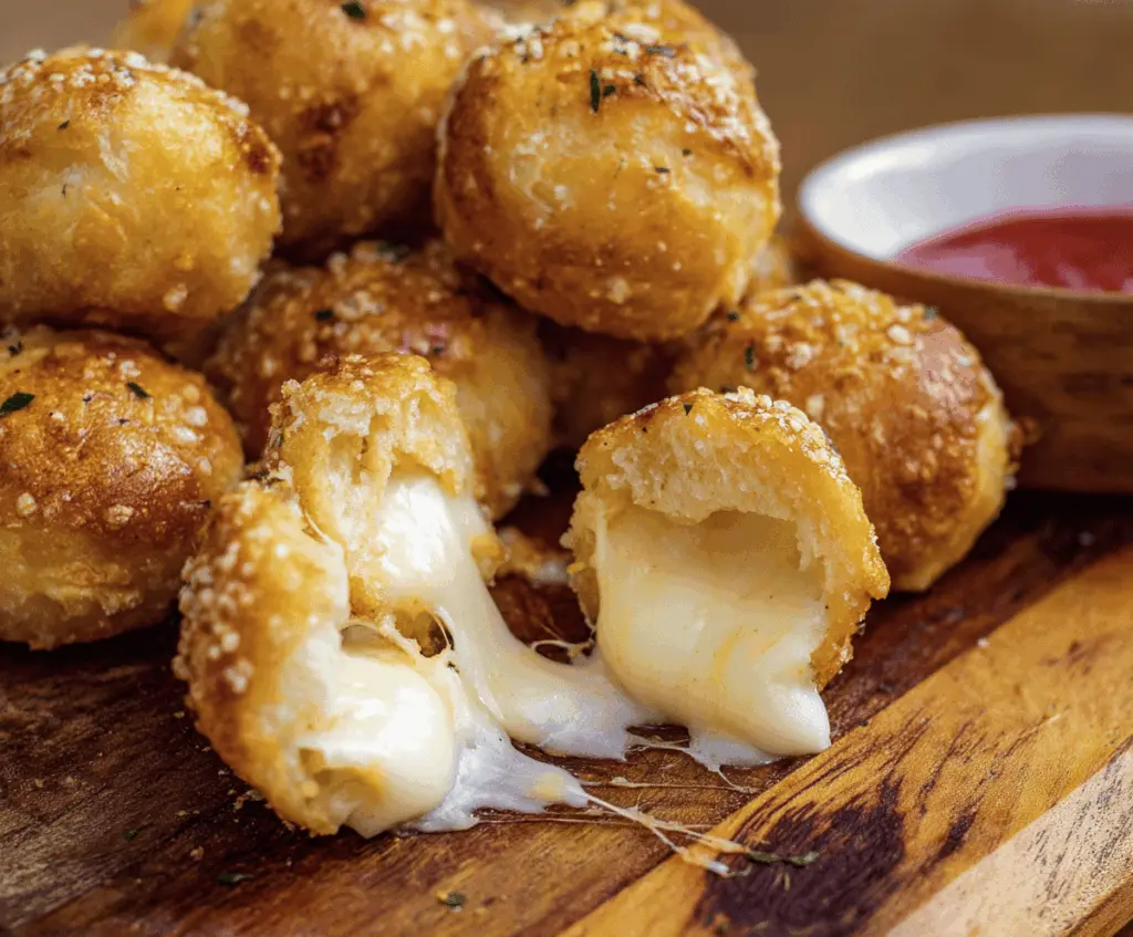 Delicious homemade mozzarella pretzel bites served with dipping sauce, perfect for snacking.