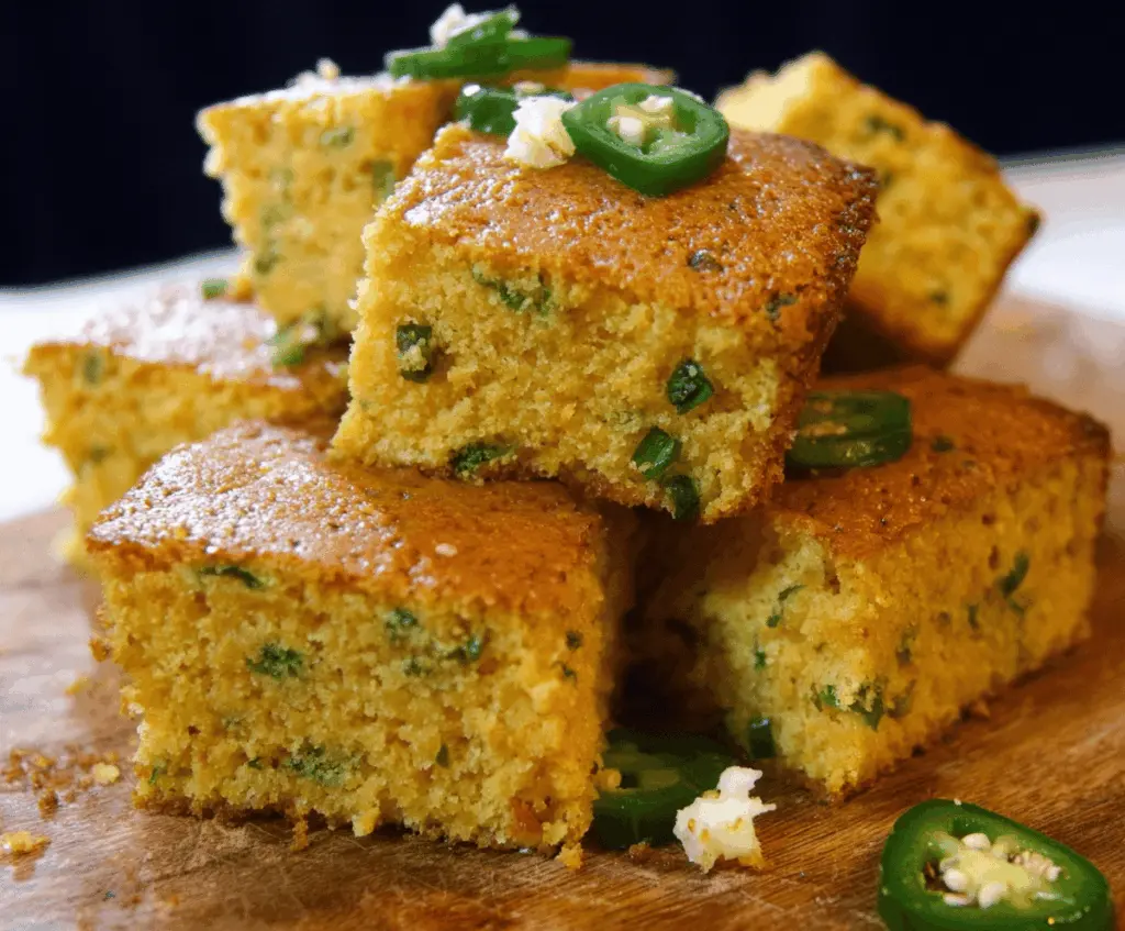 Delicious, tender honey jalapeno cornbread fresh out of the oven with golden crust and spicy jalapenos