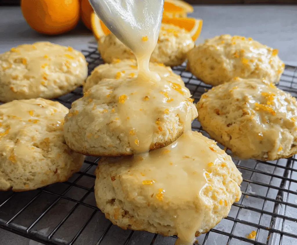 Golden bakery-size orange scone cookies with a flaky texture and a glossy orange glaze.