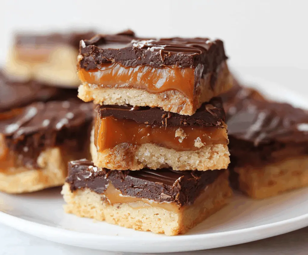 Delicious homemade Twix cookie bars with a caramel and chocolate topping on a baking tray