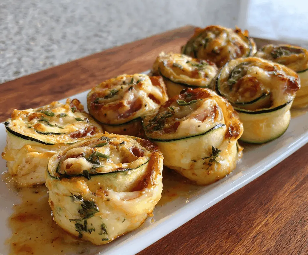 Delicious zucchini and cheese roll-ups on a plate, garnished with herbs, perfect as a healthy appetizer or snack