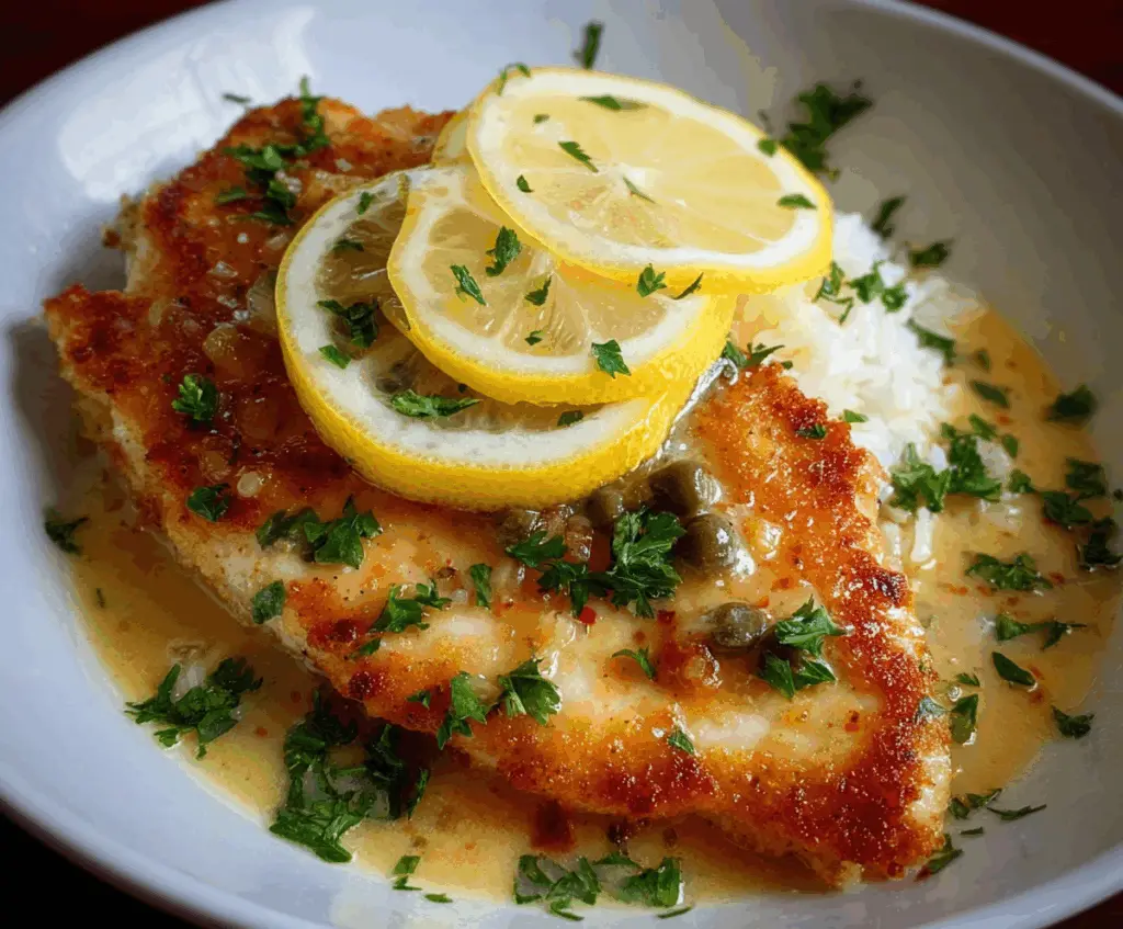 Delicious Chicken Piccata dish featuring tender chicken breasts cooked with lemon, capers, and herbs served on a white plate.