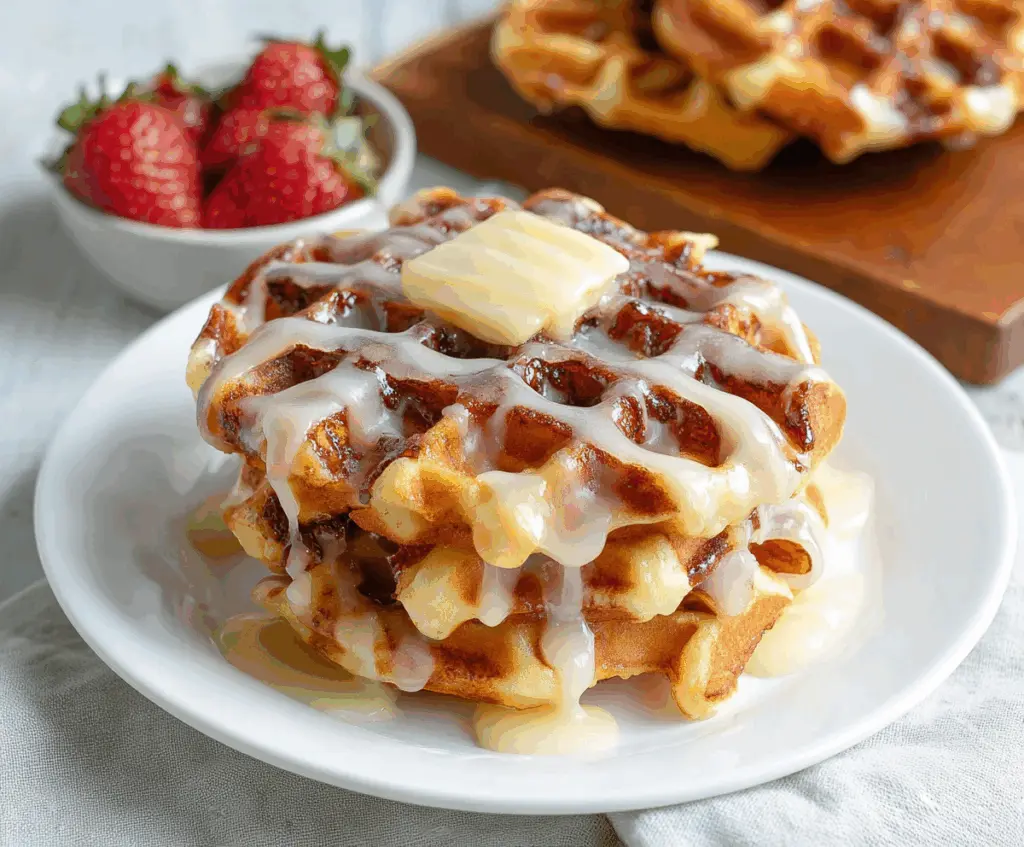 Delicious cinnamon roll waffles drizzled with glaze, perfect for breakfast or brunch.