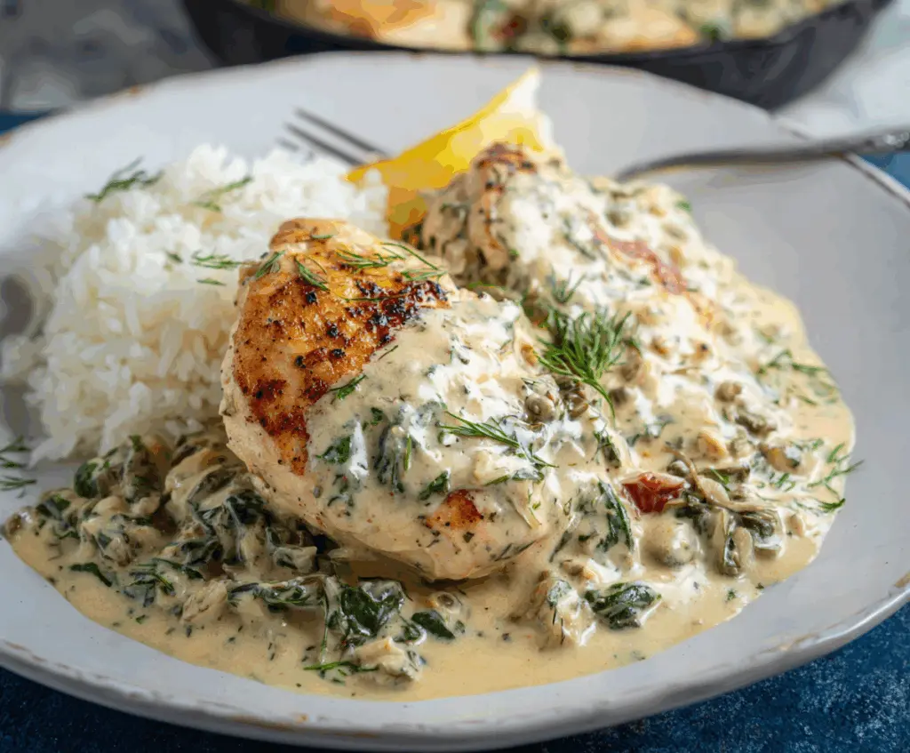 Delicious creamy Mediterranean chicken skillet with fresh herbs and vegetables