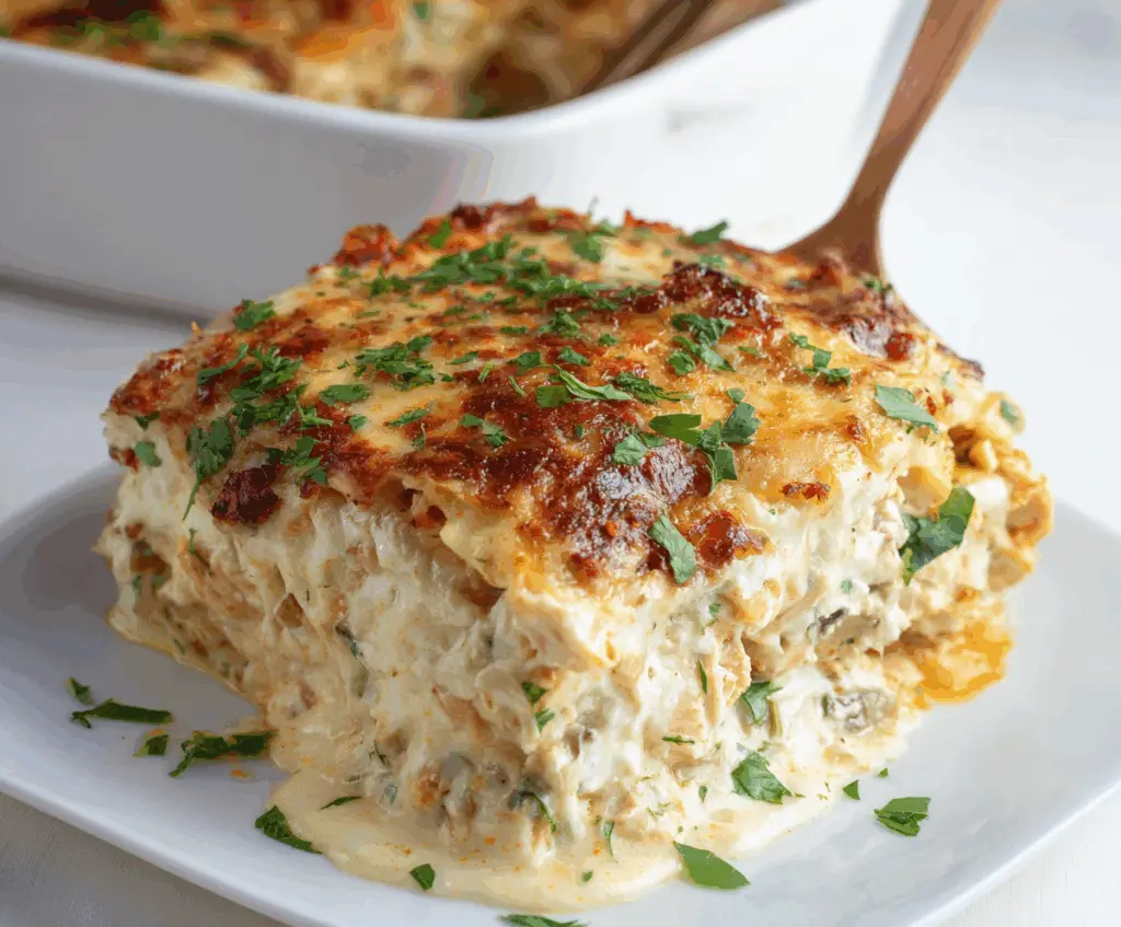 Creamy Marry Me Chicken Lasagna topped with melted cheese and fresh herbs.