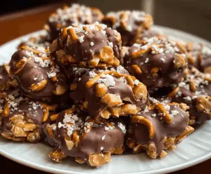 Delicious no-bake peanut butter pretzel clusters garnished with chocolate drizzle on a white plate.