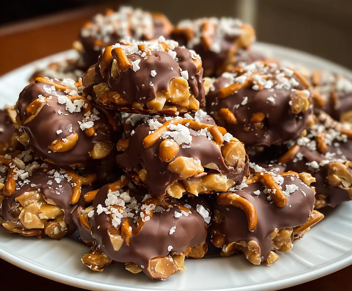 Delicious no-bake peanut butter pretzel clusters garnished with chocolate drizzle on a white plate.