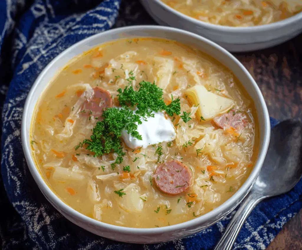 Hearty potato and sauerkraut soup in a rustic bowl with fresh herbs on a wooden table