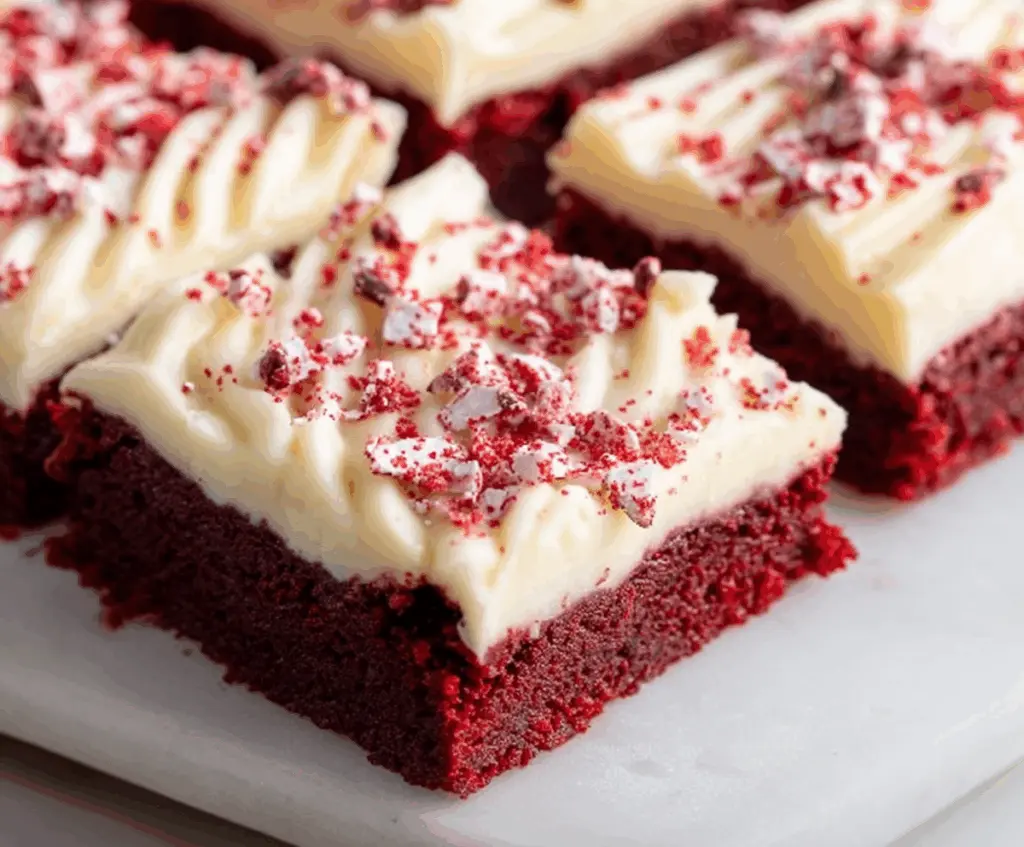 Delicious Red Velvet Cookie Bars with cream cheese frosting on a rustic platter