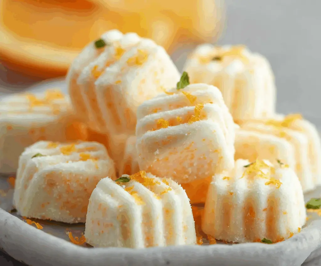 Delicious sweet orange cream cheese mints with a smooth, pastel appearance for a refreshing treat.