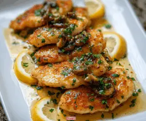 Delicious homemade Chicken Scallopini served with fresh herbs and lemon slices.