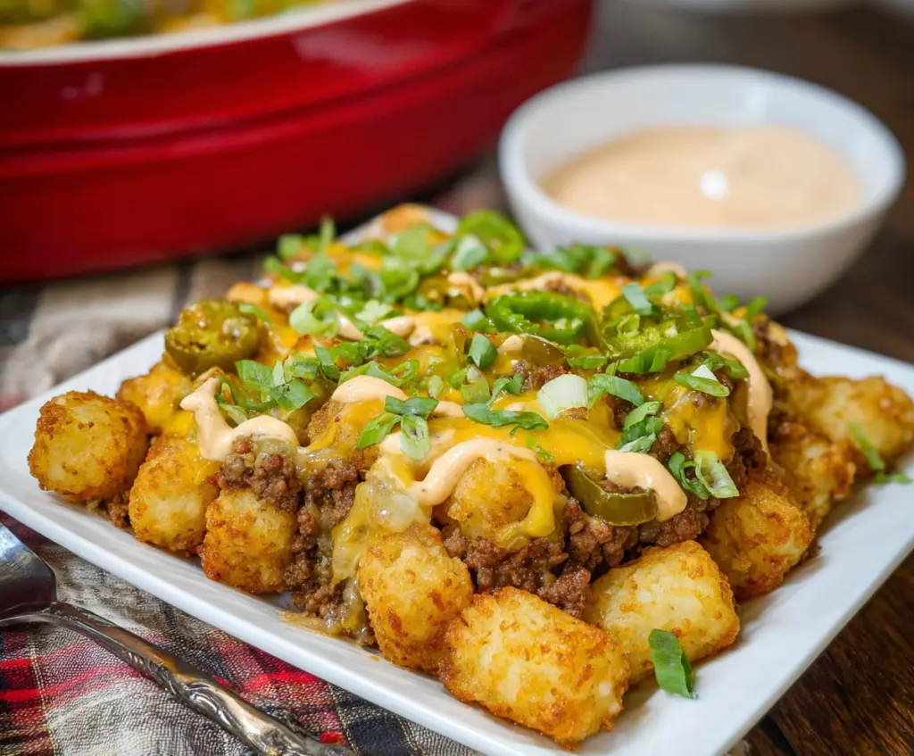 Delicious Big Mac tater tot casserole topped with melted cheese and fresh lettuce for a savory family meal