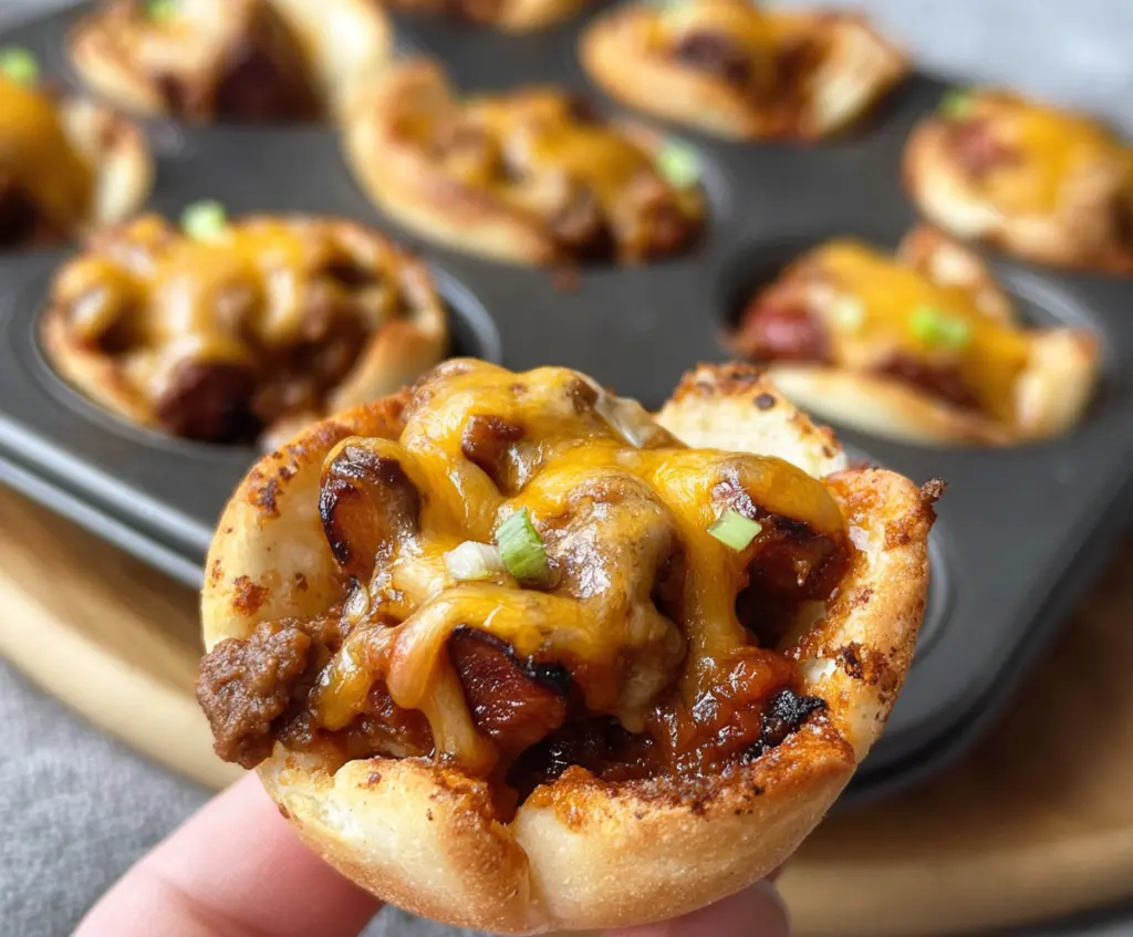 Delicious Cheesy Chili Dog Cups with melted cheese and savory chili inside crispy pastry cups.