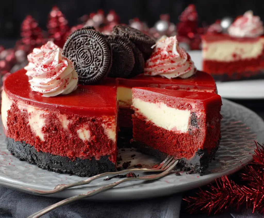 Delicious Christmas Red Velvet Cheesecake with Oreo crust topped with festive decorations.