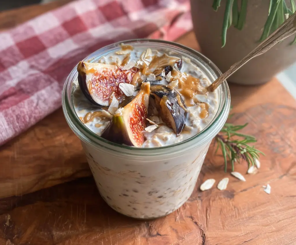 Creamy coconut fig overnight oats in a glass jar, garnished with fresh figs and shredded coconut for a healthy breakfast.