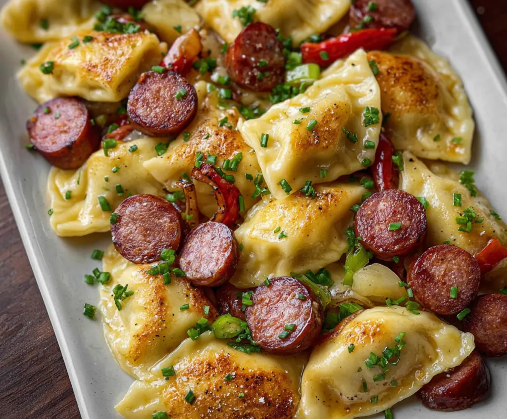 Delicious easy sheet pan pierogies and kielbasa served on a baking tray for a quick meal.