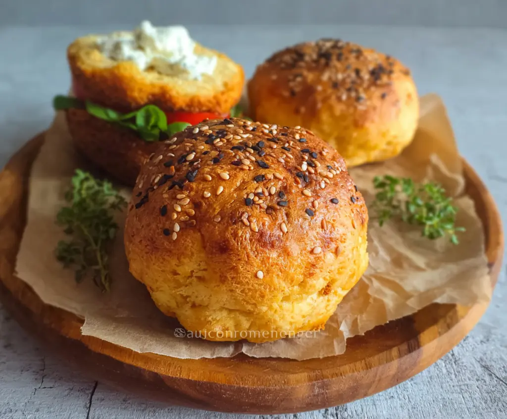 Delicious egg-free high-protein keto cottage cheese buns on a wooden platter