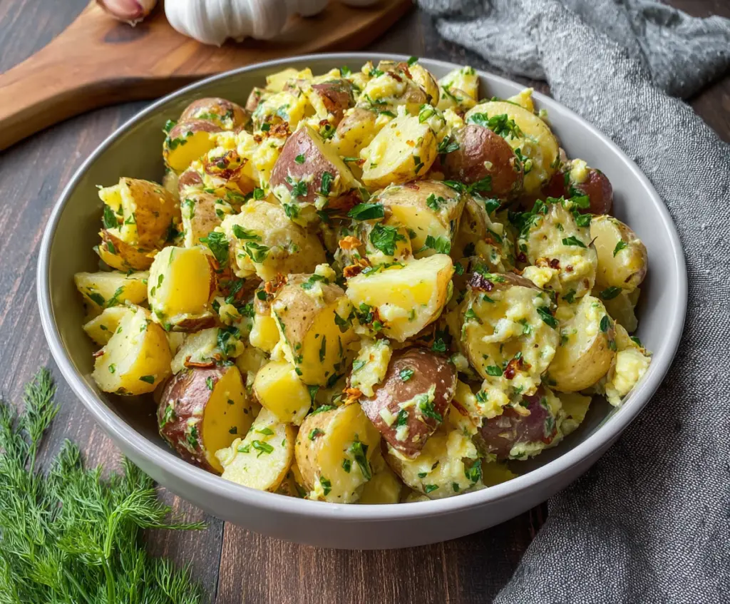 French style potato salad with fresh herbs, Dijon mustard, and a creamy dressing, served in a rustic bowl.