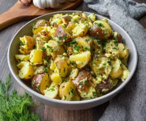 French style potato salad with fresh herbs, Dijon mustard, and a creamy dressing, served in a rustic bowl.