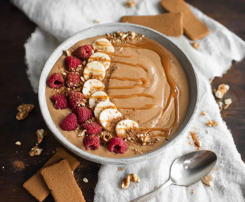 Delicious gingerbread smoothie bowl topped with whipped cream and festive spices for a holiday treat.