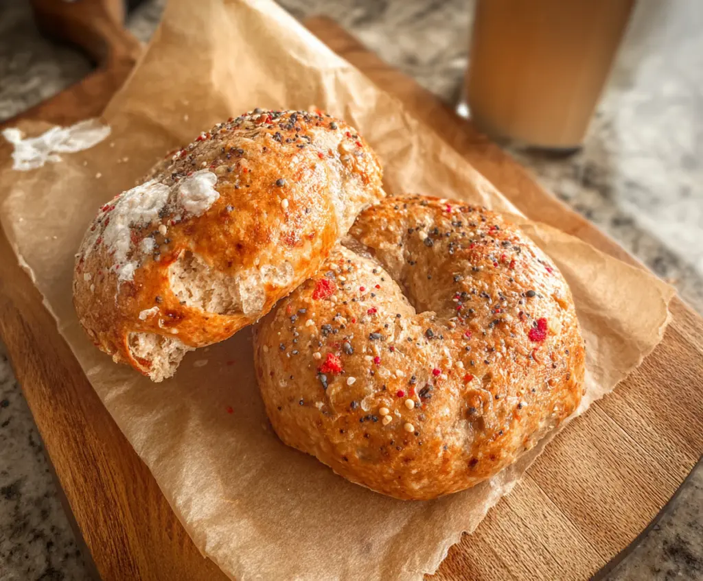 High protein bagels on a cutting board with fresh toppings for a healthy breakfast.