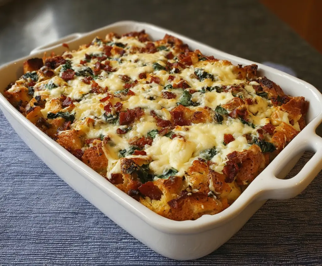 Delicious Italian Breakfast Strata with layers of cheese, bread, and fresh herbs on a serving dish.
