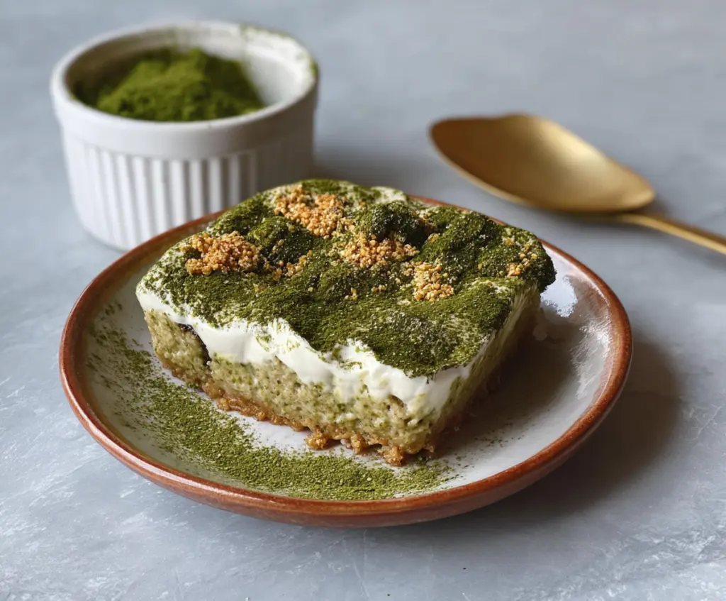 Delicious Matcha Tiramisu Baked Oats with creamy layered texture and vibrant green color.