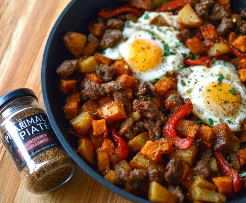 Delicious Meat and Potatoes Breakfast Hash served on a plate with fresh herbs