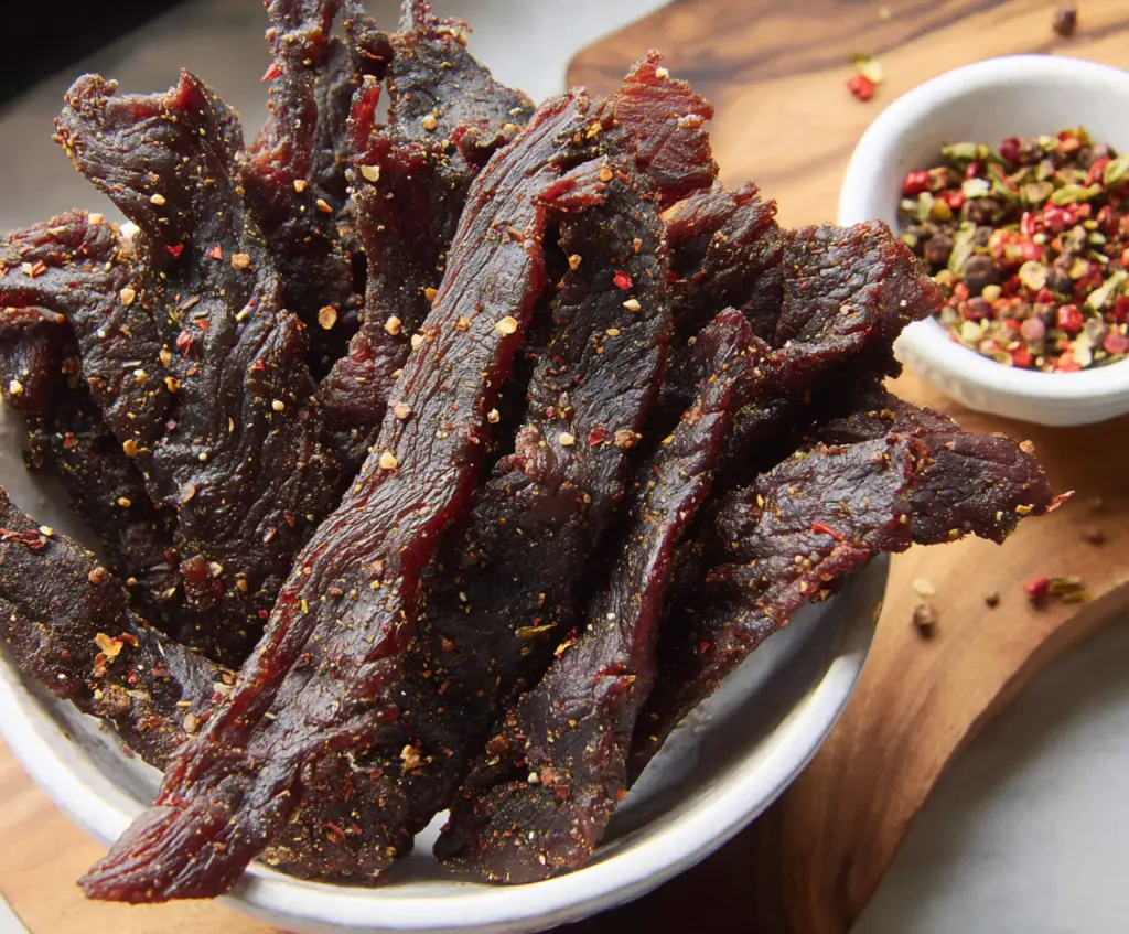Delicious homemade peppery beef jerky with a savory, spicy crust.