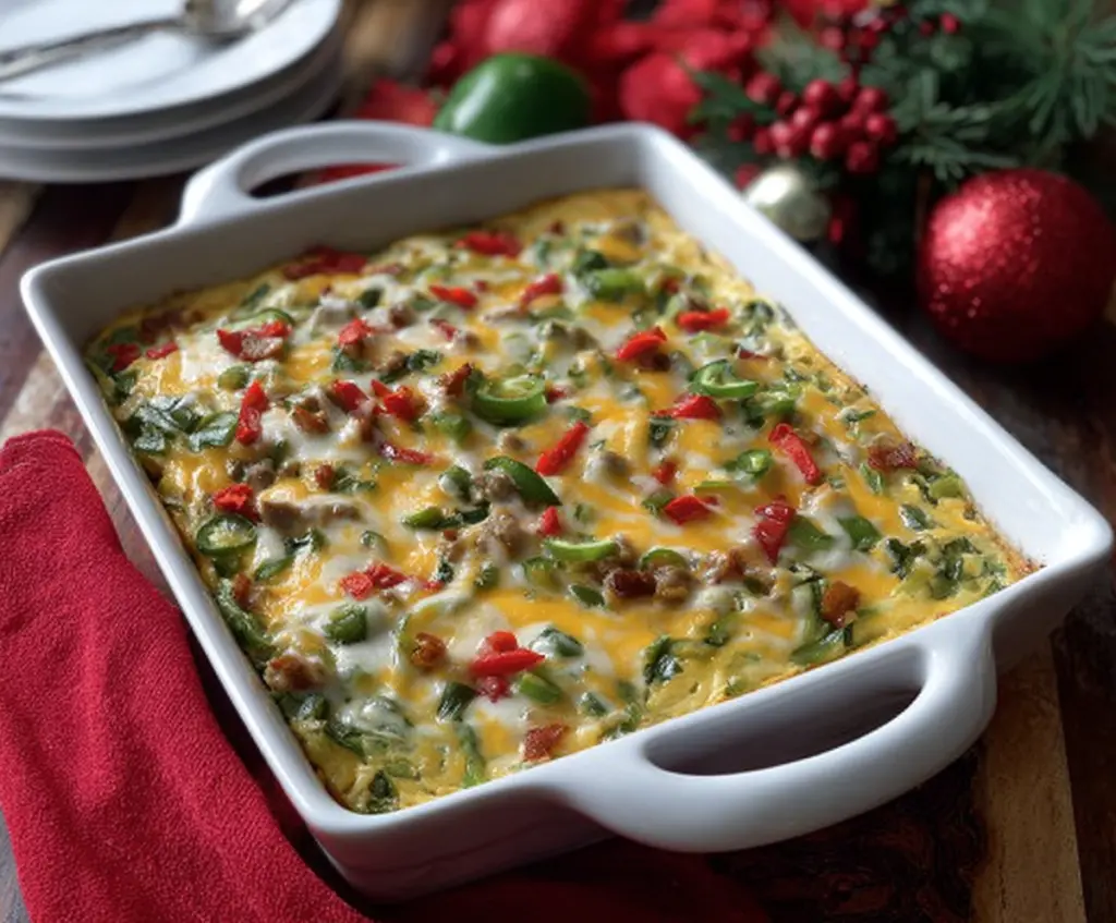 Festive red and green Christmas casserole with colorful vegetable layers for holiday dinner.
