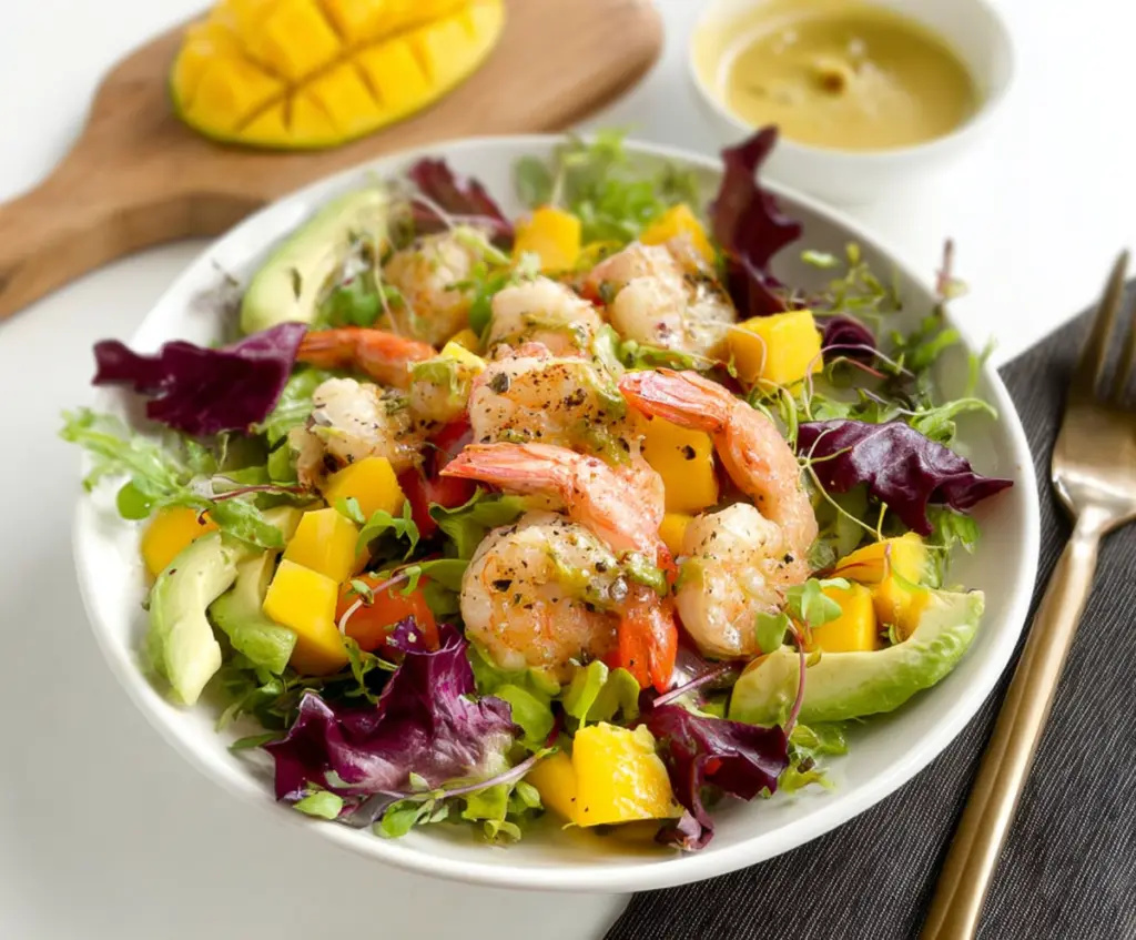 Fresh shrimp and juicy mango salad served with greens and herbs, perfect for a light and healthy meal.