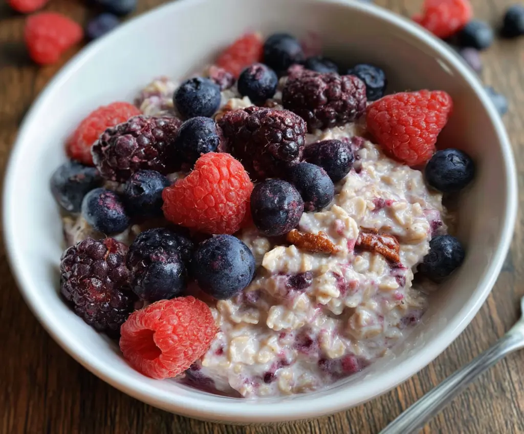 Delicious slow cooker berry oatmeal topped with fresh berries and nuts.