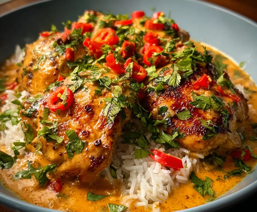 Delicious spicy Brazilian coconut chicken served with vibrant vegetables.