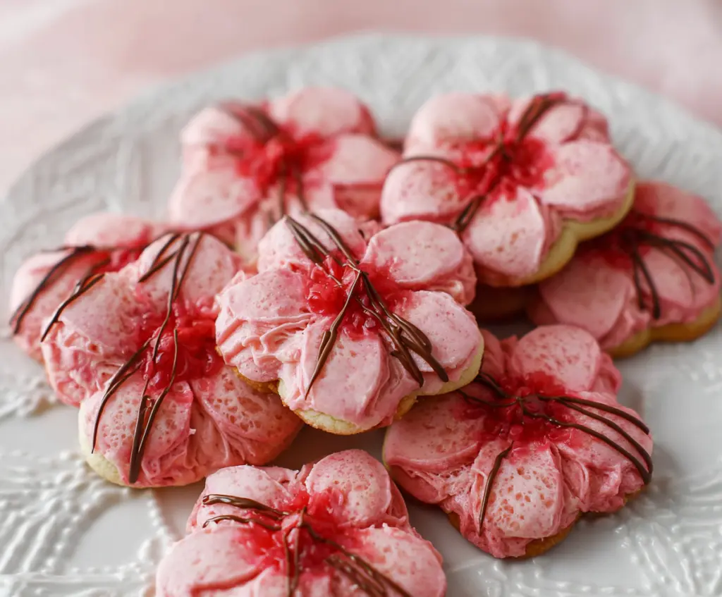 Delicious Sweet Cherry Blossom Cookies with pink icing and blossom-shaped decorations on a white plate.