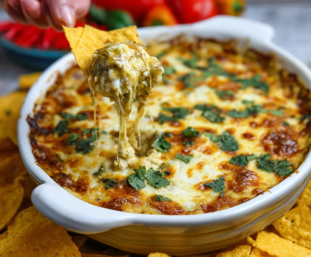 Delicious cheesy salsa verde dip served in a bowl with fresh ingredients