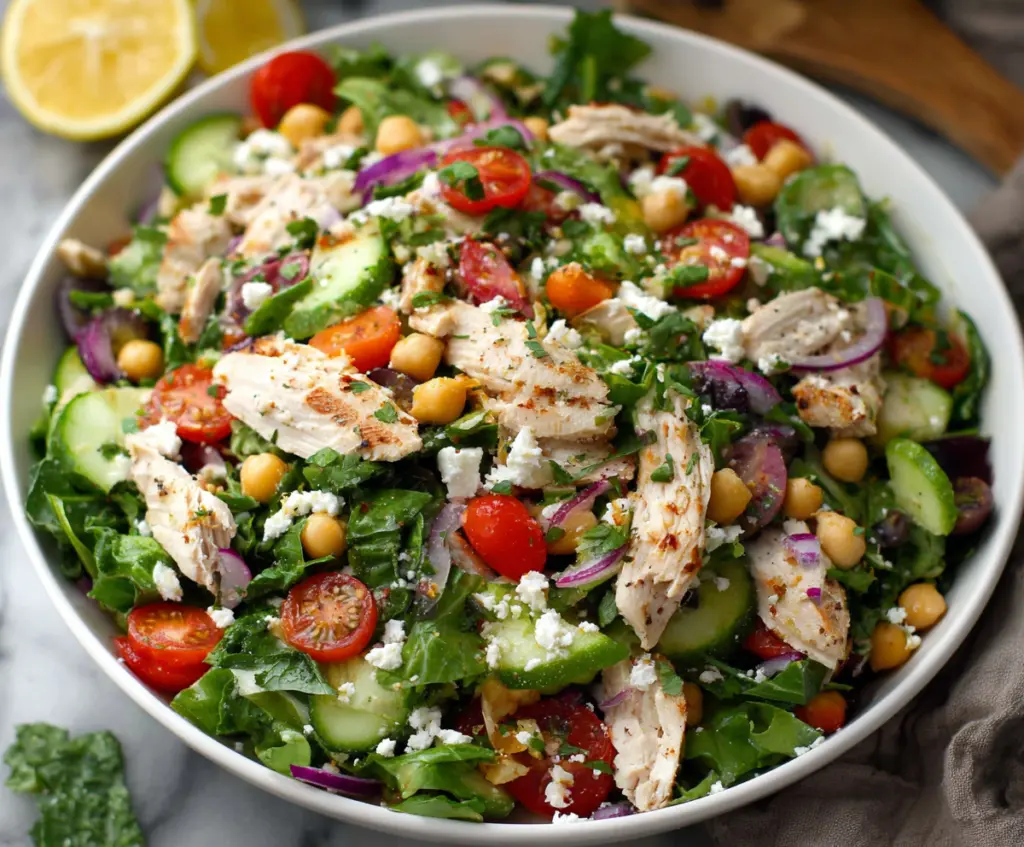 Healthy Chicken & Chickpea Power Salad with fresh vegetables and herbs